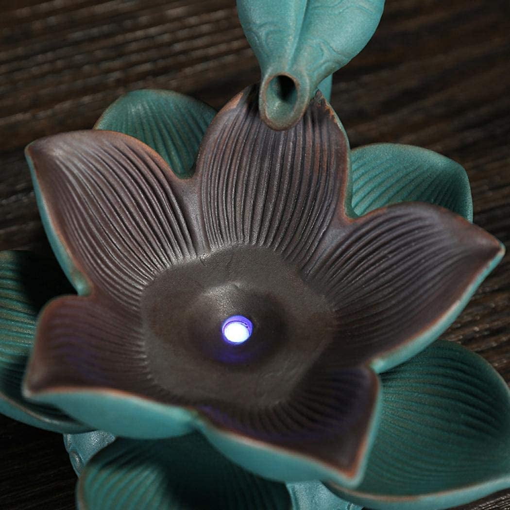 Handmade Ceramic Incense Holder, Backflow Incense Burner with LED Lotus Leaf Figurine Incense Cone Holders Home Decor Gift Decorations Statue Ornaments