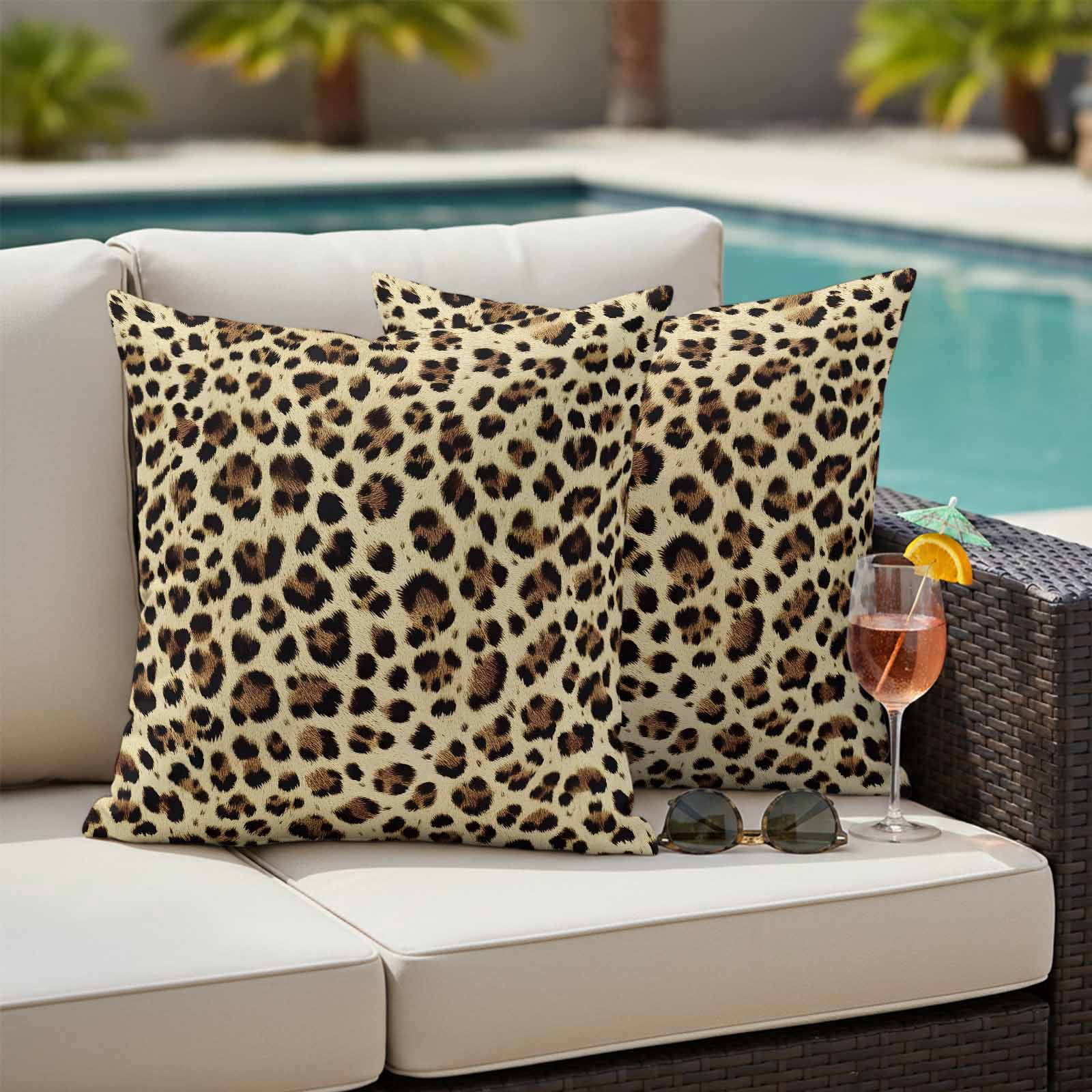 Leopard Printed Waterproof Outdoor Pillow Covers 16''x16'' Set of 2, Patio Furniture Cushion Covers for Chairs, Modern Animal Fur Patterns Decorative Pillow Cases for Garden/Pool/Beach