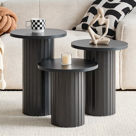 Round Nesting Coffee Table Set of 3 Mid Century Modern Wood Round Coffee Tables with Flexible Small Circle End Table for Space Saving Living Room Comedor Home Office Bedroom(Black)