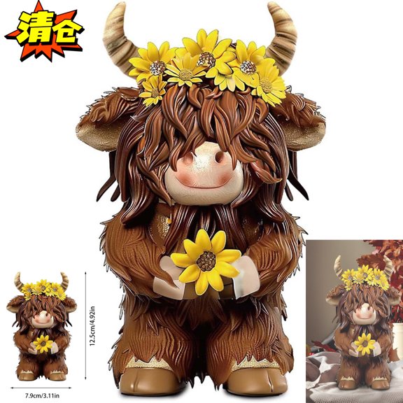 Halloween Highland Cow Figurines Decor,Cow Gnomes with Sunflower Resin Statue Calf Lovers Gifts for Farmhouse Home Garden Bathroom Kitchen Office Tiered Tray Table Decor