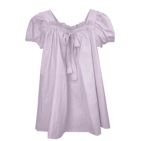 

Summer Dresses For Girls New Puff Sleeve Lace Collar Bowknot Solid Color Fashion Dress For 12-18 Months