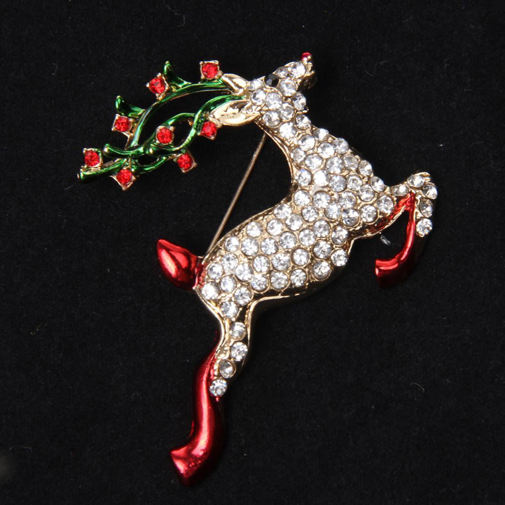 Clear Rhinestone Alloy Large Running Deer Brooch Pendant Christmas Party Gift 