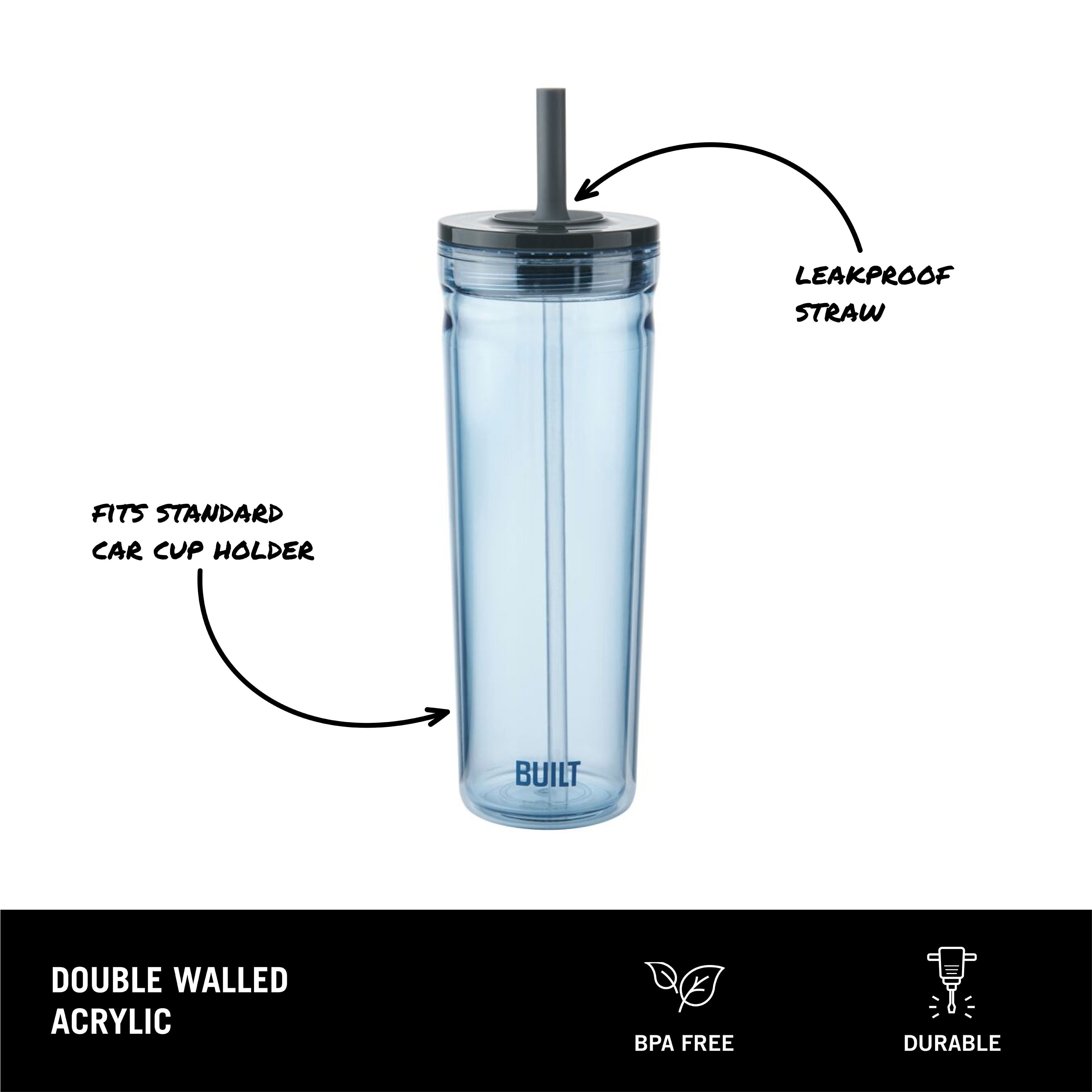 BUILT Torrent 24 oz Double-Wall Acrylic Tumbler Water Bottle with Straw, Magenta