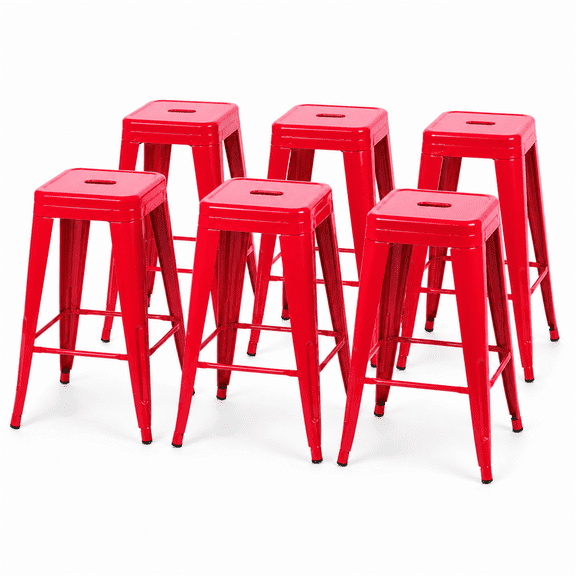 24 Inch Backless Metal Counter Stool Set of 6, Red, Stackable with Carry Hole and Footrest