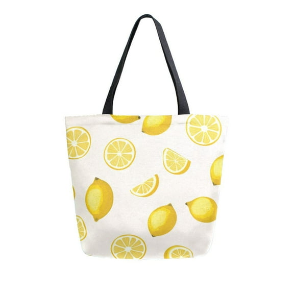 Durable Canvas Tote Bag with Zip Pocket Bags for Woman Shoulder Versatile Carryall for Everyday Use Yellow Lemon Pattern