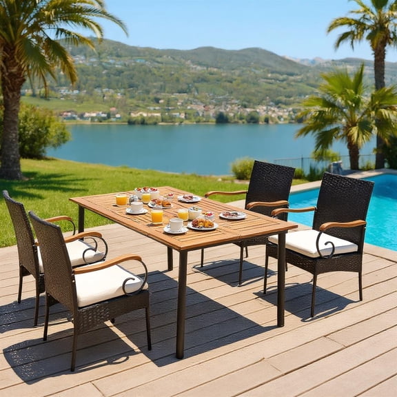 Topcobe 5 Pieces Patio Wicker Dining Set with Detachable Cushion and Umbrella Hole, Outdoor Patio Furniture