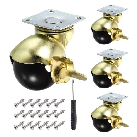 1.5 Inch Ball Caster Wheels, Swivel Furniture Casters with Brake/ Plate Mount/Screw/Screwdriver, Gold 4 Pcs