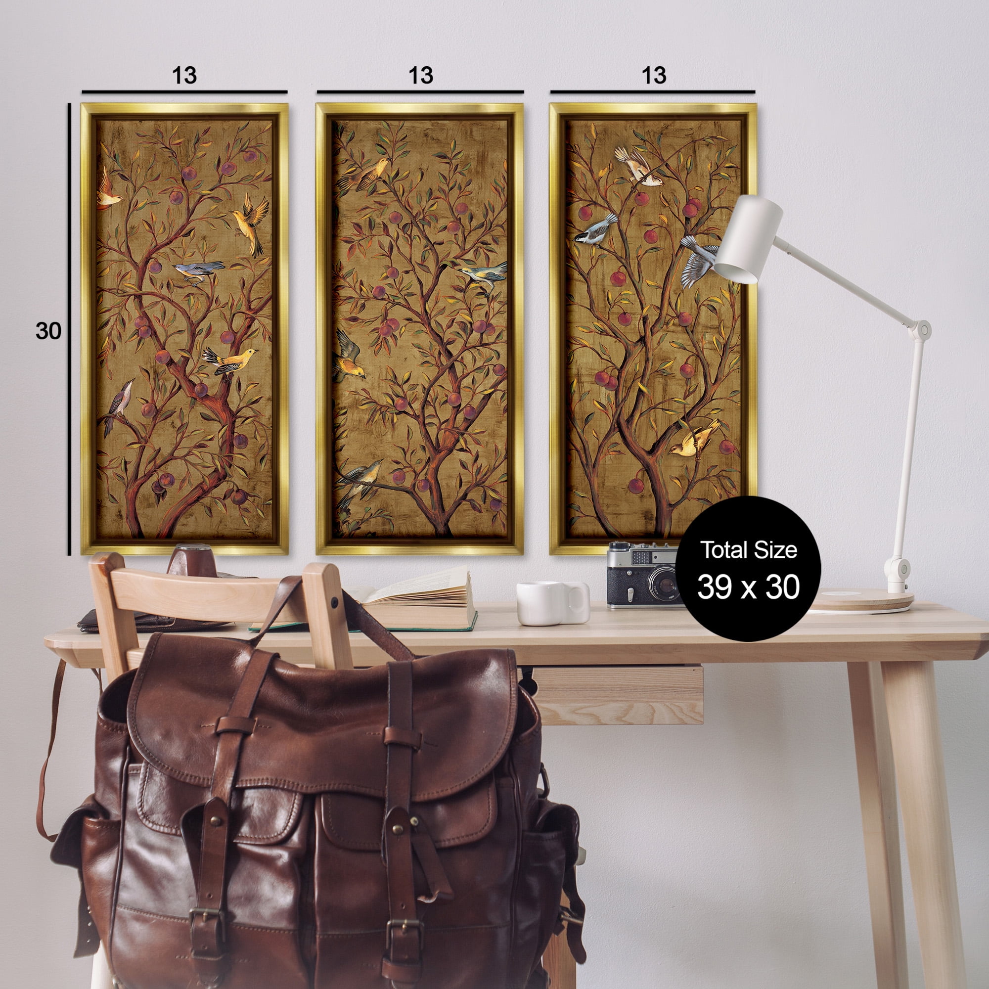Stupell Industries Regal Plum Tree with Perched Birds Animals & Insects Painting Gold Floater Framed Canvas Art Print Wall Art, 15 x 31, Set of 3