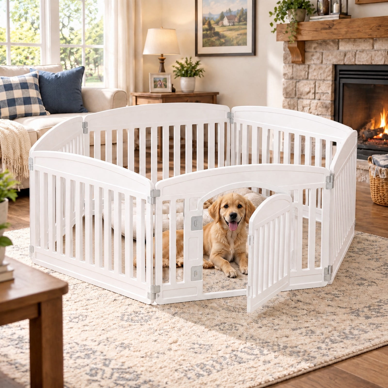 Telyra Pet Playpen Indoor & Outdoor 6 Panels Dog Fence with Safety Lock, White