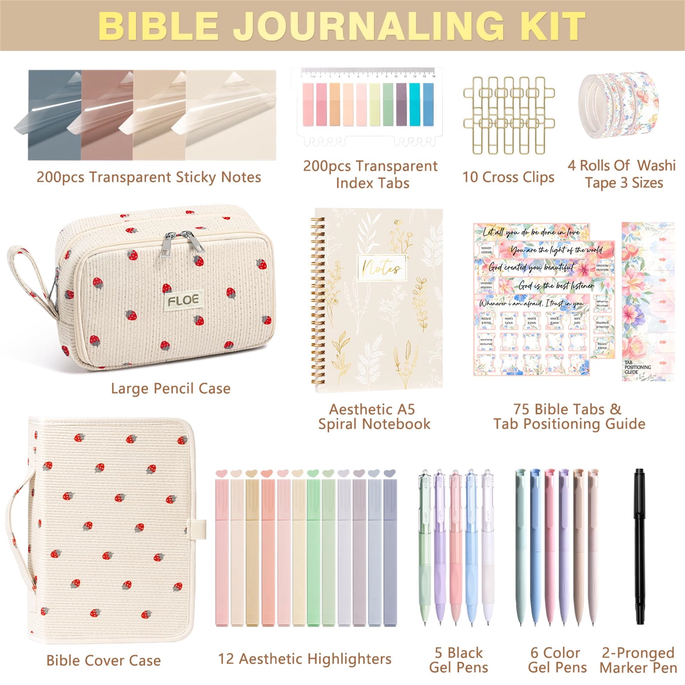 Bible Cover Case with Bible Study Supplies Journaling Kit, Bible Study Tool w/Pastel Highlighter Pen, Pencil Case Notebook Annotation Kit Accessories Set, Christian Gifts for Women (Strawberry)