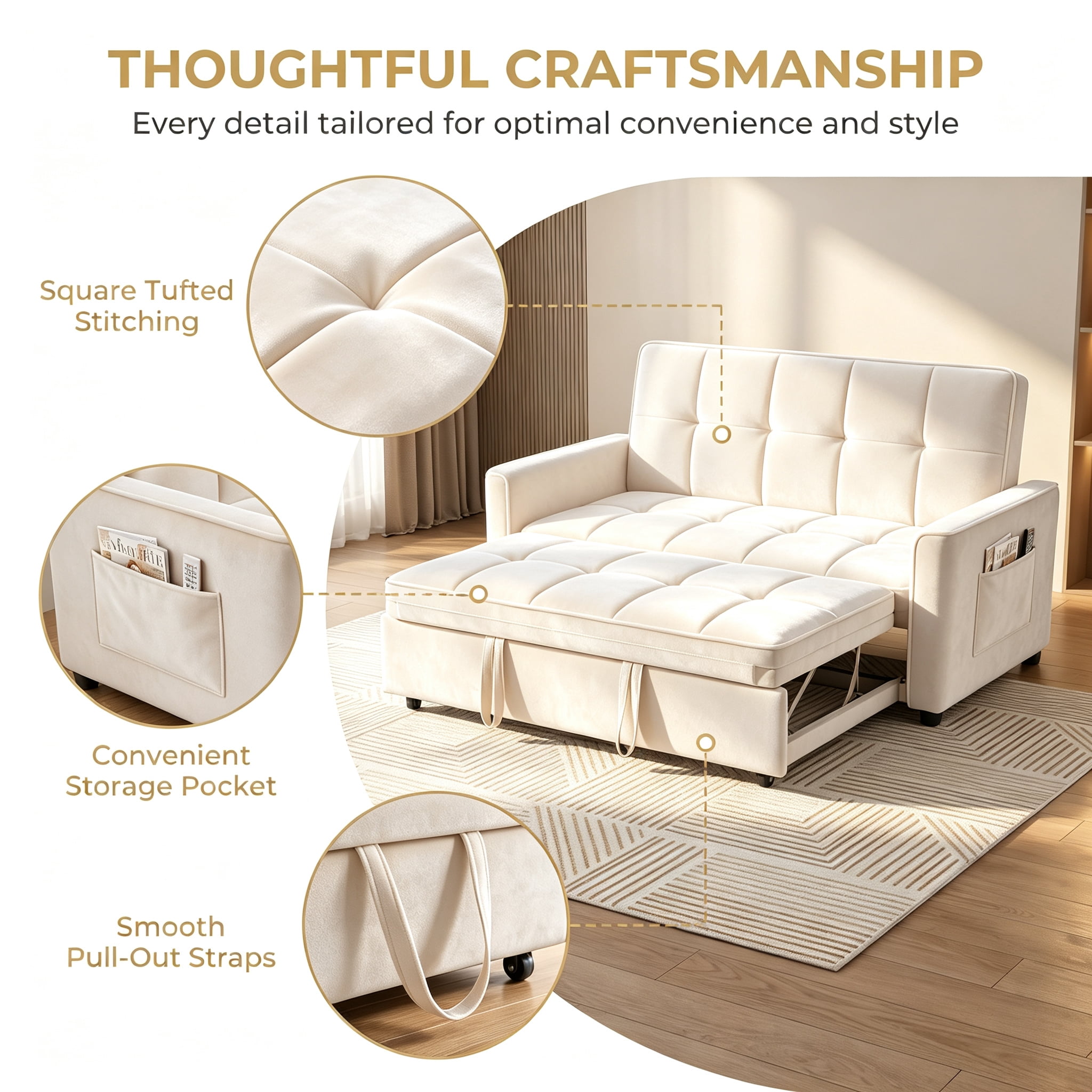 54" Convertible Sleeper Sofa Bed, Modern Velvet 3-in-1 Pull Out Loveseat Couch with 5-Position Backrest & Side Storage Pocket for Living Room, Beige