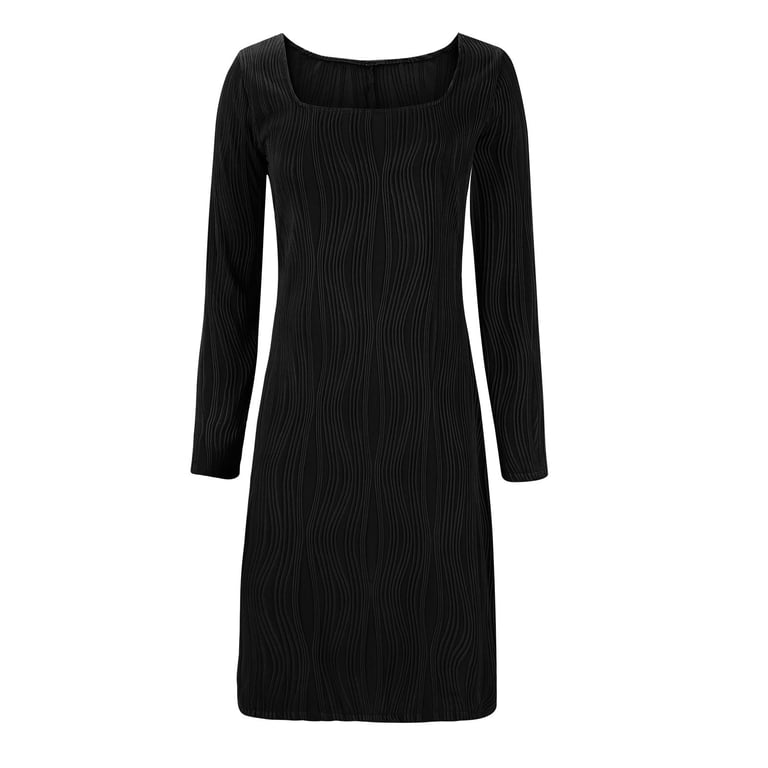 Qunyiney Women's Dresses Long Sleeve Casual Striped Bodycon Dress Split Square Neck Midi Wrapped Dress, Size: Medium, Black