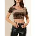 thumbnail image 5 of INSPIRE CHIC Women's Casual Short Sleeve Cute Scoop Neck Velvet Fitted Crop Top M Brown, 5 of 6