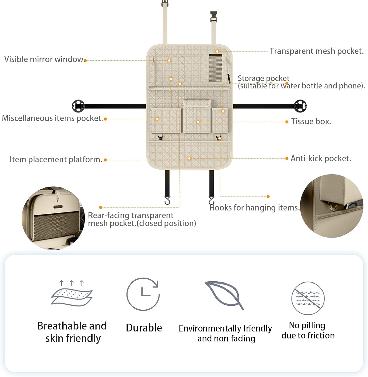 Backseat Car Organizer 1 Pack, Car Back Seat Organizers with Tray,Multifunctional Car Seat Back Organizer with Foldable Tablet Holder (Beige, 1 PC)