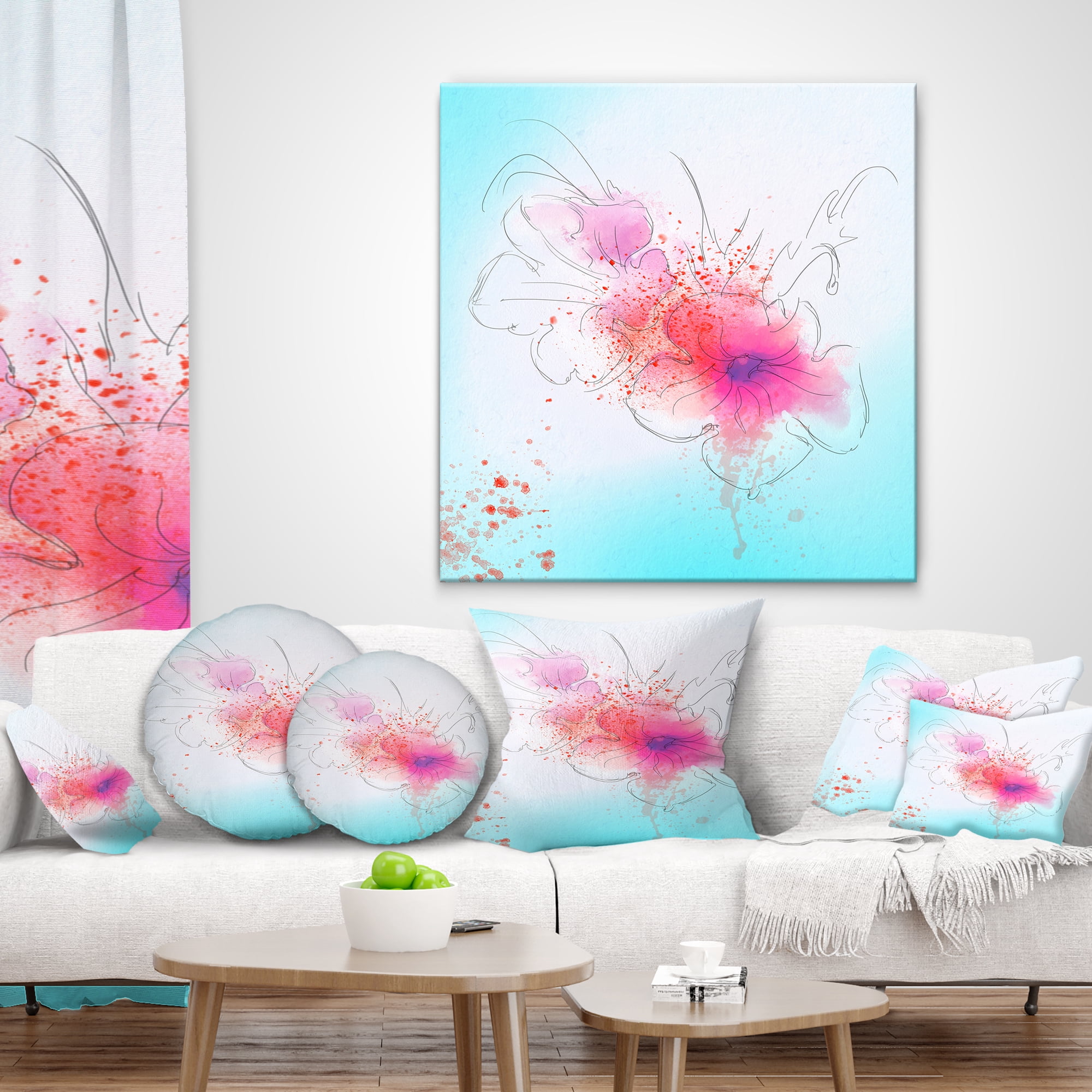 Designart Pink Flowers Illustration Watercolor - Floral Throw Pillow - 12x20