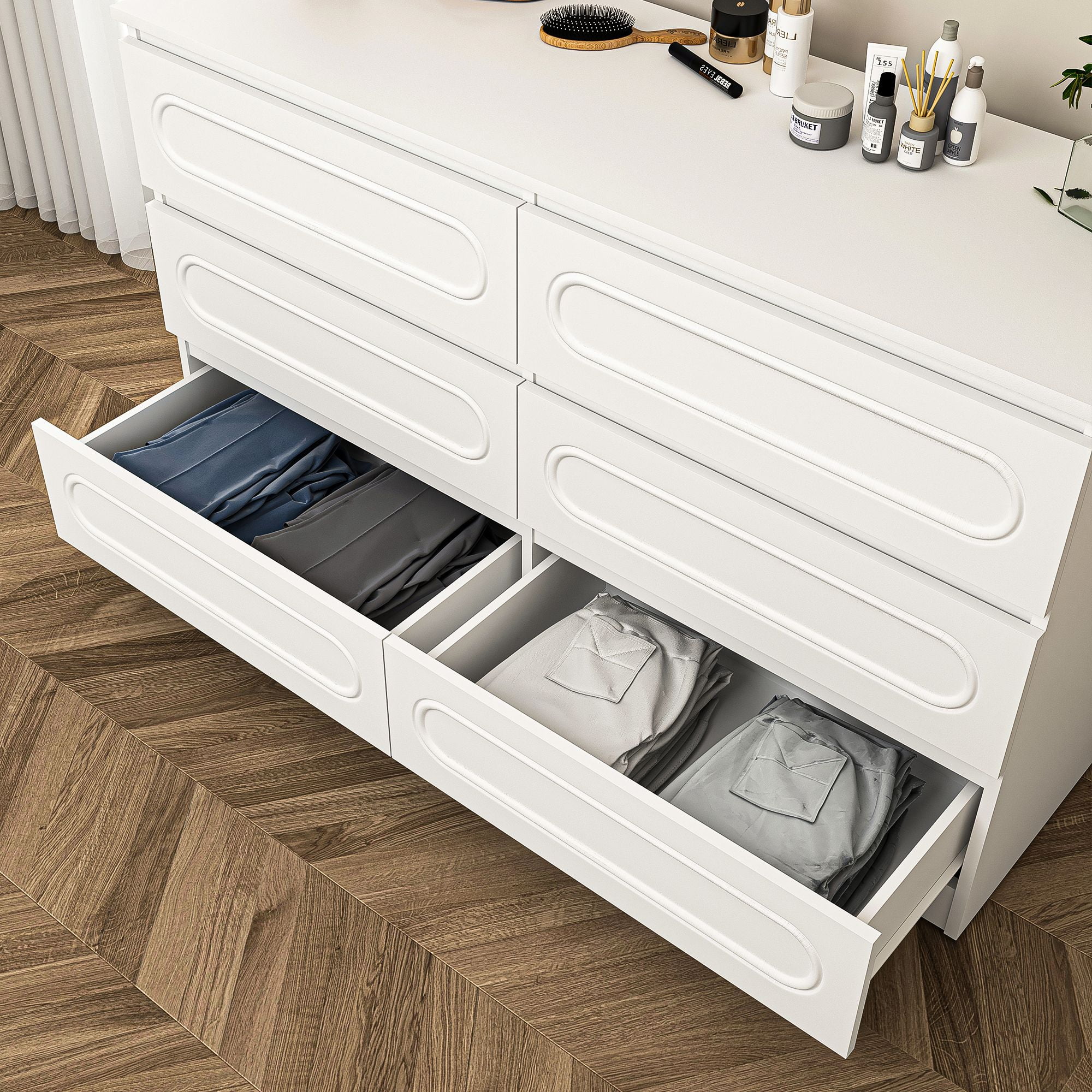 Demi Bonn 6-Drawer Double Dresser for Bedroom, 47" Chest of Drawers with Hidden Handle Wood Oval Pattern Drawer Fronts, Modern Bedroom Furniture, White