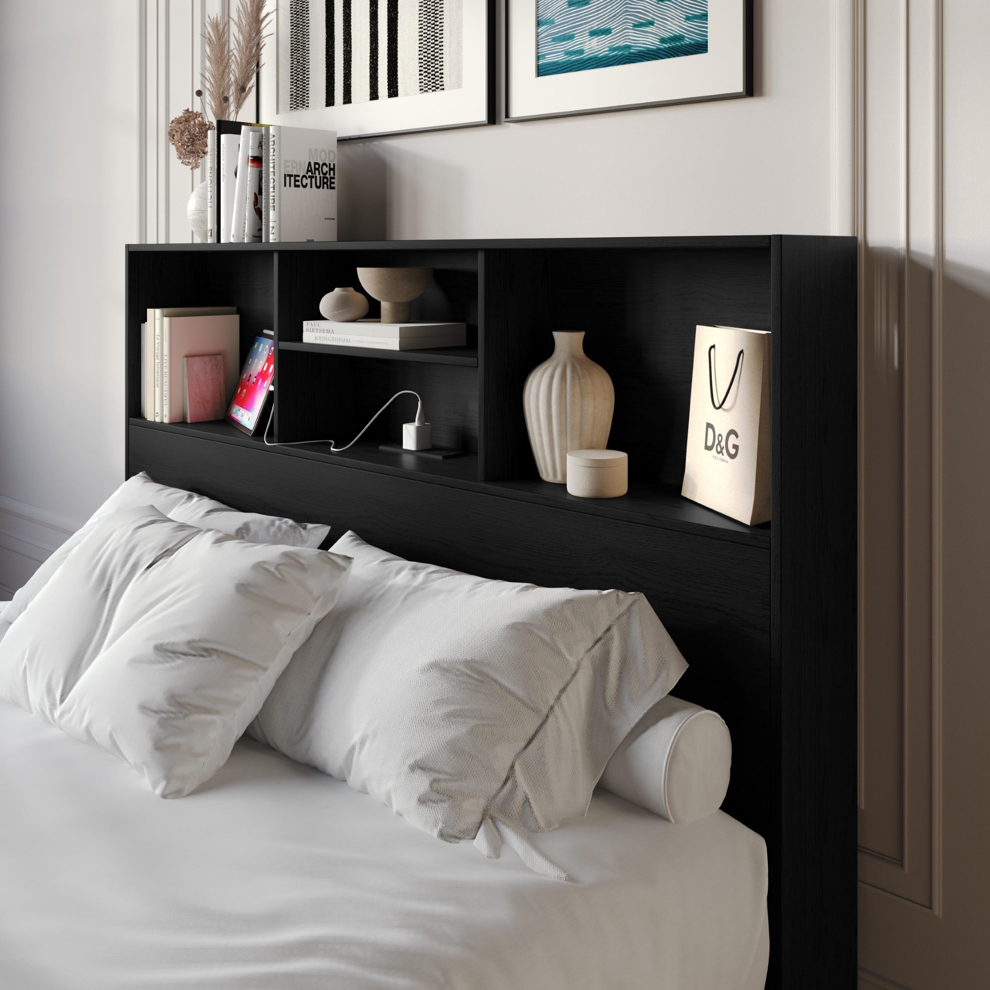 Home Design Pomona King Freestanding Bookcase Headboard with Storage Shelves & Built-In Power Outlet, Black