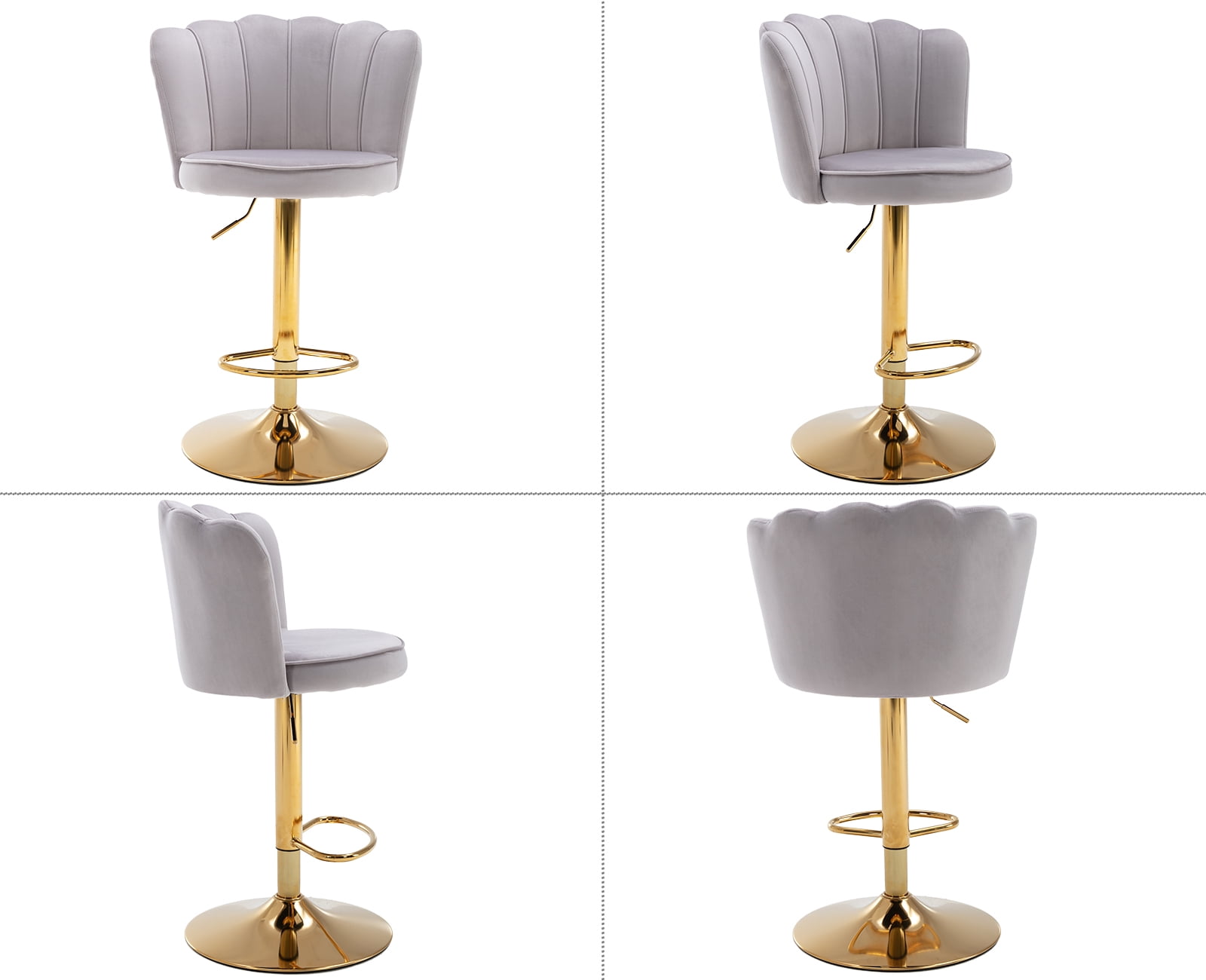 Guyou Swivel Adjustable Bar Stools Set of 2, Velvet Counter Height Barstools with Petal Back and Gold Footrest, Modern Counter Bar Height Stool Chairs for Kitchen Island Bar Cafe, Grey
