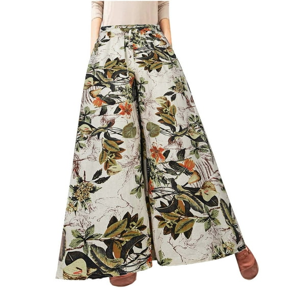 Lilgiuy Womens Casual Floral Printed Bandage Elasty Maxi Trousers Wide Leg Pants Beige 4 2022 Fall Winter