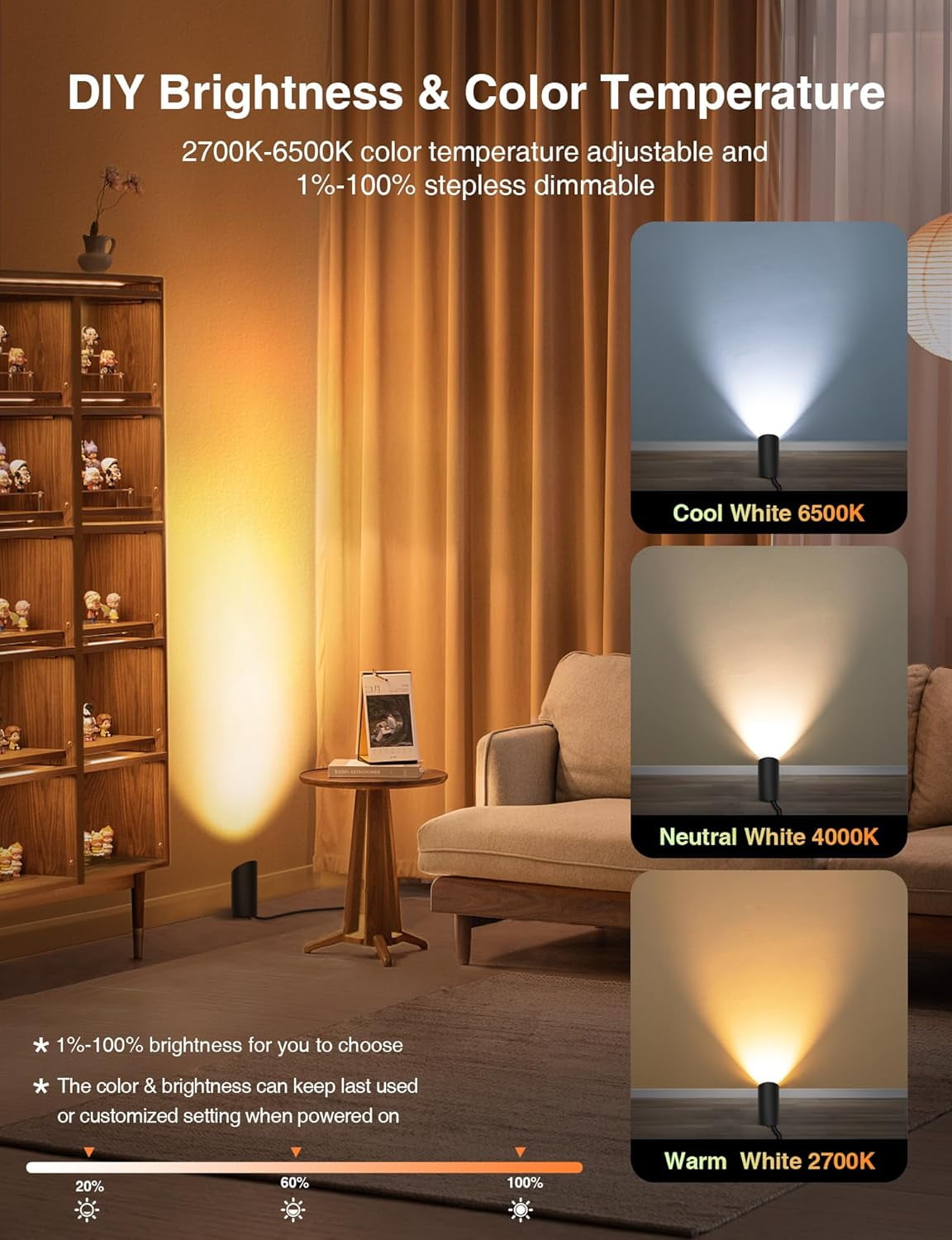 SUNVIE Smart Floor Can Lamp, RGBW Color Changing Uplight Spotlight with App Control, 5W Indoor Accent Light for Wall Artwork, Corner Lighting