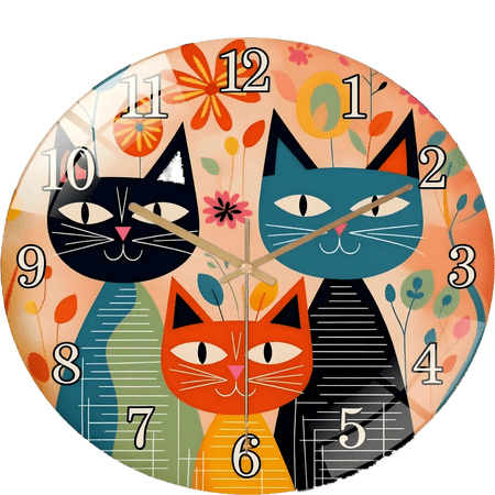 12 Inch Vintage Art Cute Cat- Family Glass Wall Clock Living Room Bedroom Kitchen Home Decor Silent Quartz Clock Holiday Gift . (No Battery) 30cm Style 12×12inch(30×30cm)