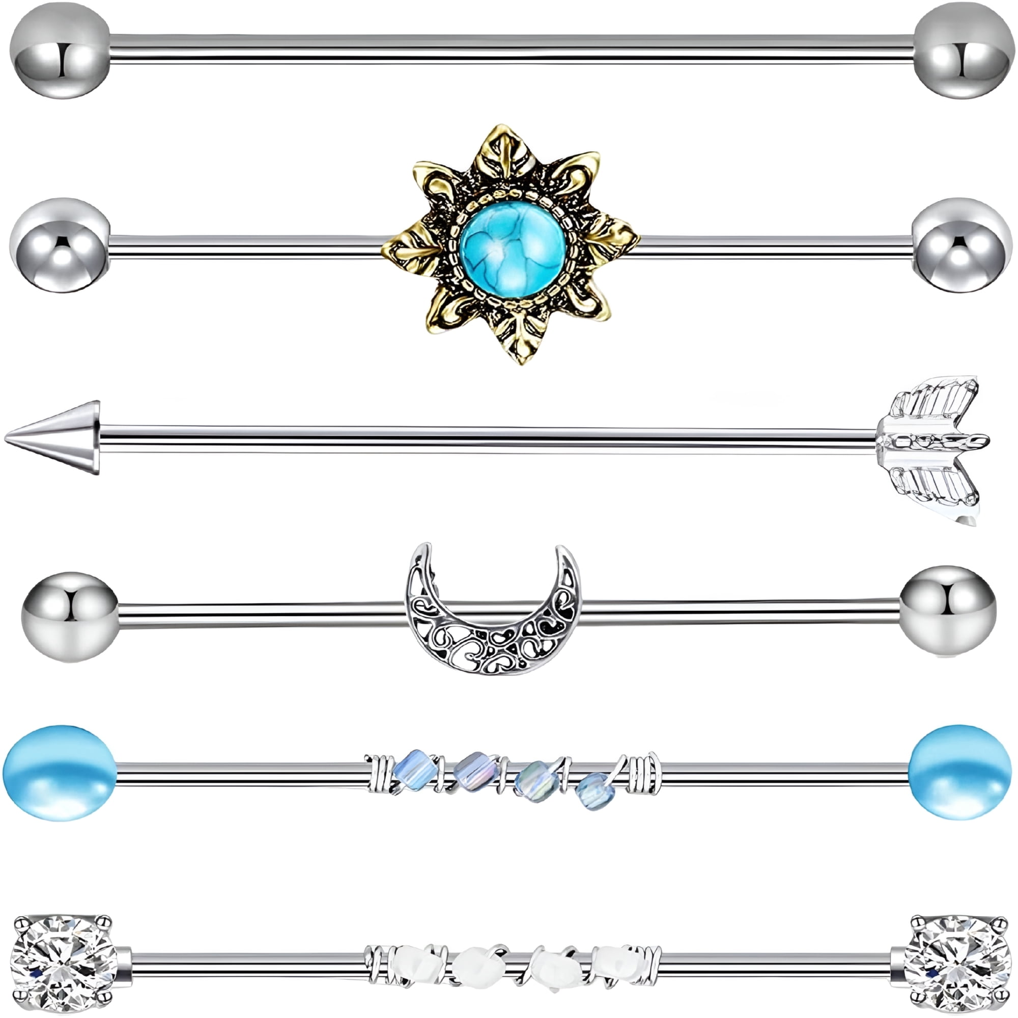 TUWAFE 6 Pcs 14G Industrial Barbell Earrings, Stainless Steel Cartilage Helix Piercing Jewelry, 38mm Long Straight Body Piercing Bars