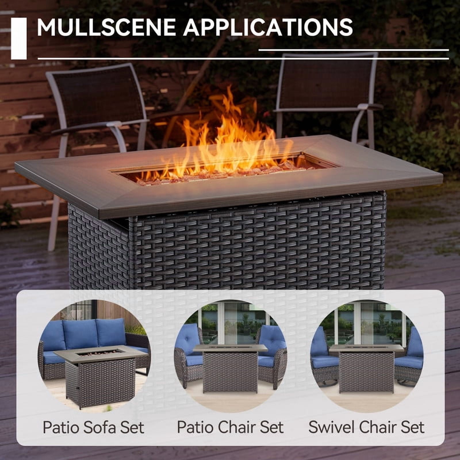 4 Piece Patio Furniture Set with 41" Fire Pit Table, Outdoor All Weather Wicker Rattan Furniture with Swivel Rocking Chairs and 3-Seat Sofa for Backyard Balcony Deck, Beige/Brown