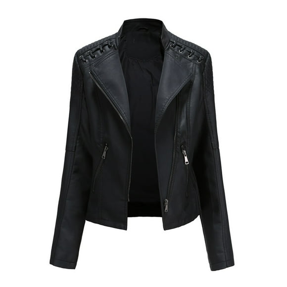 DondPO Leather Jacket Women Women Ladies Lapel Motor Jacket Coat Zip Biker Short Punk Cropped Tops Leather Blazer Women Black Leather Jacket Black M Clearance！