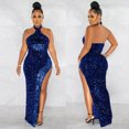 thumbnail image 2 of Prolriy Robe de Cocktail Femme Paillettes Transparentes Couleur Unie Sans Manches Col Robes de Soirée pour Femmes 2025 Nouvelle Année Robe Bleue G, 2 of 7