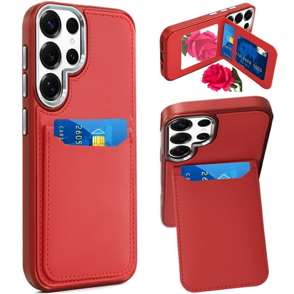 For Samsung Galaxy S23 Ultra PU Leather Wallet Cover with Credit Card Holder, Kickstand & Mirror Inside Slim Fit TPU & PC Hybrid Design Cover, XPM Phone Case [Red]