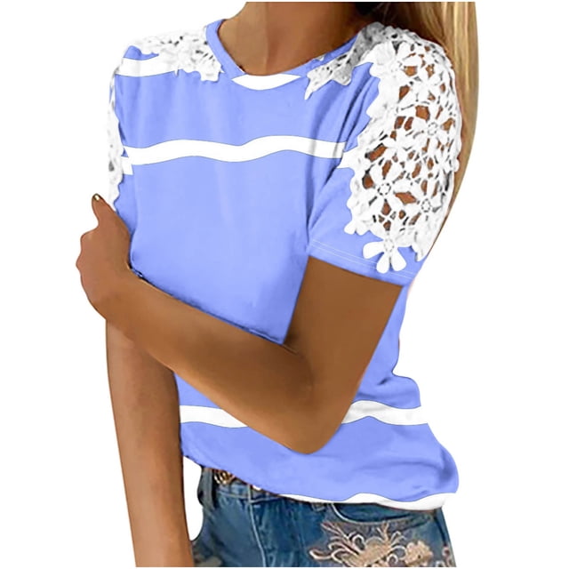 Camisas de Manga Corta para las Mujeres Impresión Cuello Redondo Suéter Encaje Camisa, Blusa de Verano Casual para las Mujeres