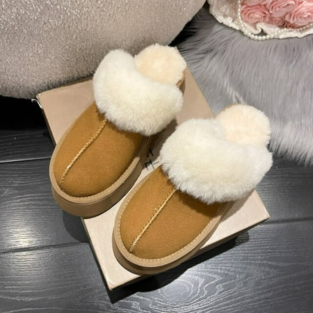 

QWZNDZGR Winter Brand Plush Cotton Slippers Women Thick Platform Keep Warm Fluffy Slippers Woman 2022 Fashion Faux Suede Fur Home Slides