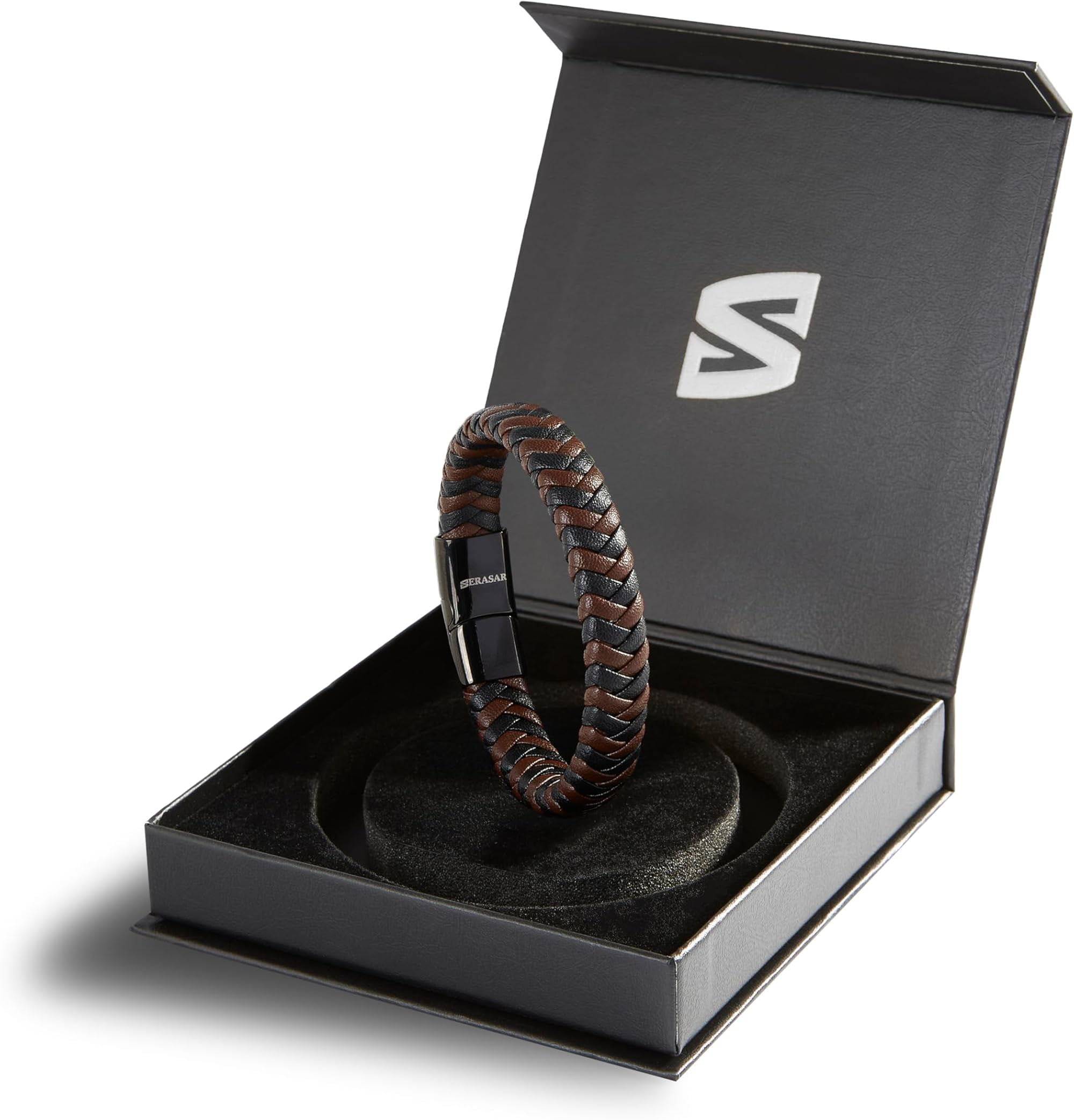 SERASAR Premium genuine leather bracelet for men [Steady] Brown, 20cm, Stainless steel magnetic clasp Includes jewelry box, Great gift for men