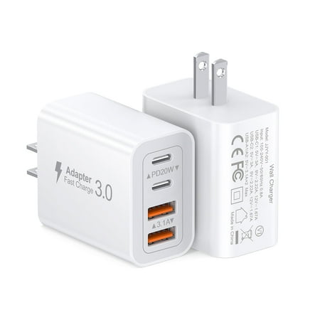 40W USB C Charger Cube, 2-Pack Wall Plug Fast Charging Block, 4-Port PD+QC Power Adapter Multiport Brick Type C Box