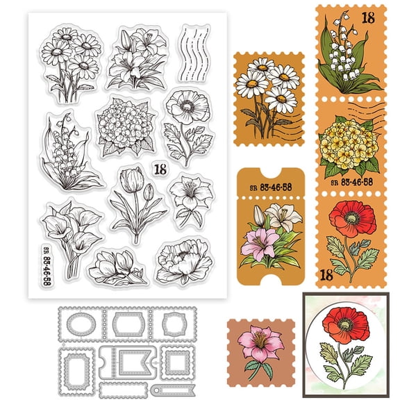 Flowers Stamps Clear Stamp and Cutting Dies Set for Card Making Spring Tulips Daisies Silicone Clear Stamp Metal Postage Stamps Frame Die Cuts