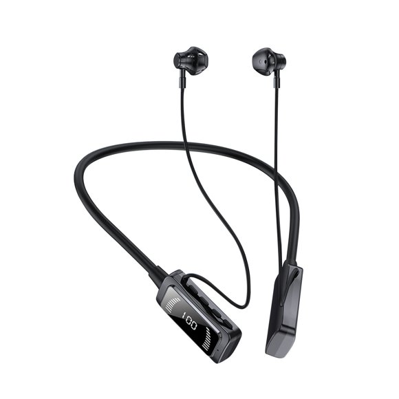 Black Wireless Neckband Headphones With 40H Battery Digital Display And Ear Monitoring Ergonomic For Sports And Fitness