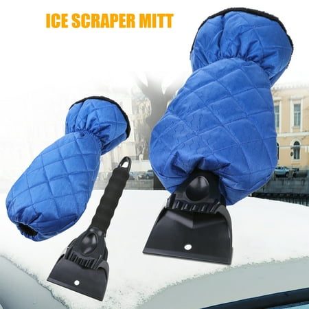 Universal Ice Scraper Mitt Glove Windshield Snow Scraper Waterproof Snow Remover with Lined of Thick Fleece Keep Warm Black/Blue