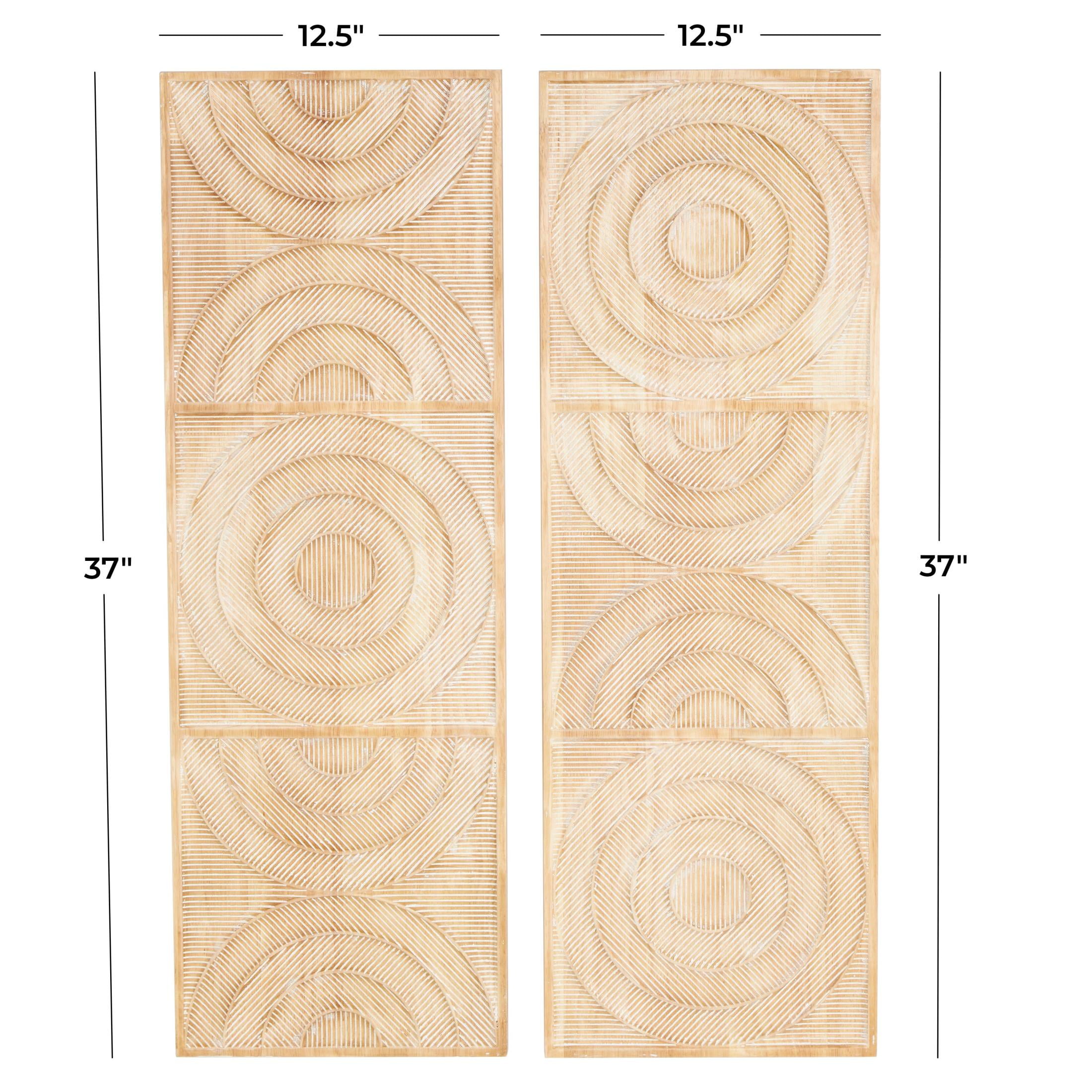 DecMode Light Brown Wood Carved Panel Arch Geometric Wall Decor with White Linear Markings (2 Count)