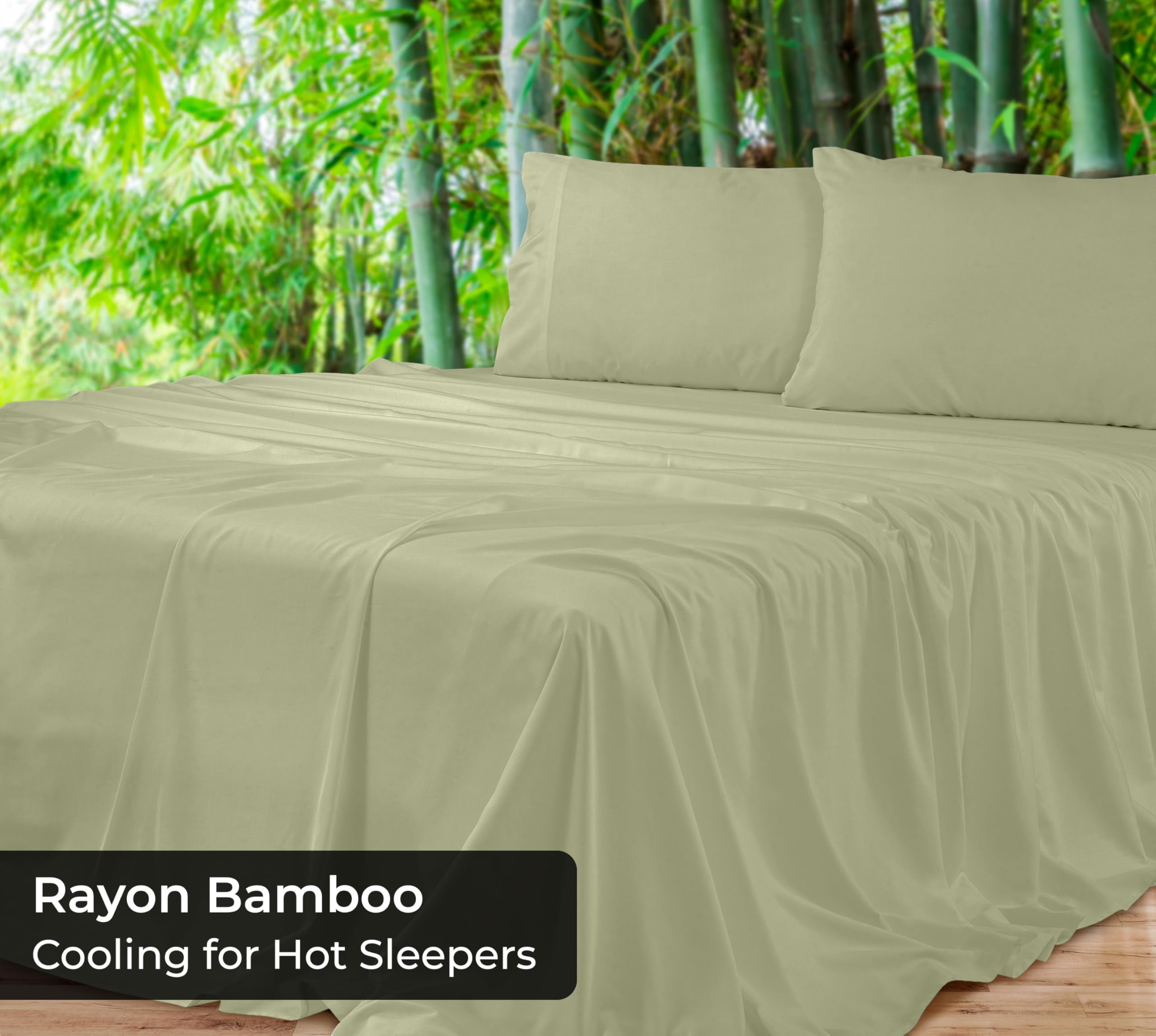 Royale Linens Bamboo Queen Flat Sheets Only - Cooling Sheets - Organic Viscose Derived from Bamboo - Queen Size Flat Sheet Only - Top Sheet - Breathable & Silky Bedding (Queen, Sage Green)