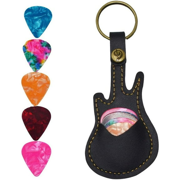 Leather Guitar Picks Case Guitar Pick Holders with Keyring Guitar Plectrums Bag for Guitar Pick Bag with 5Pcs Plectrums Gift(Black)