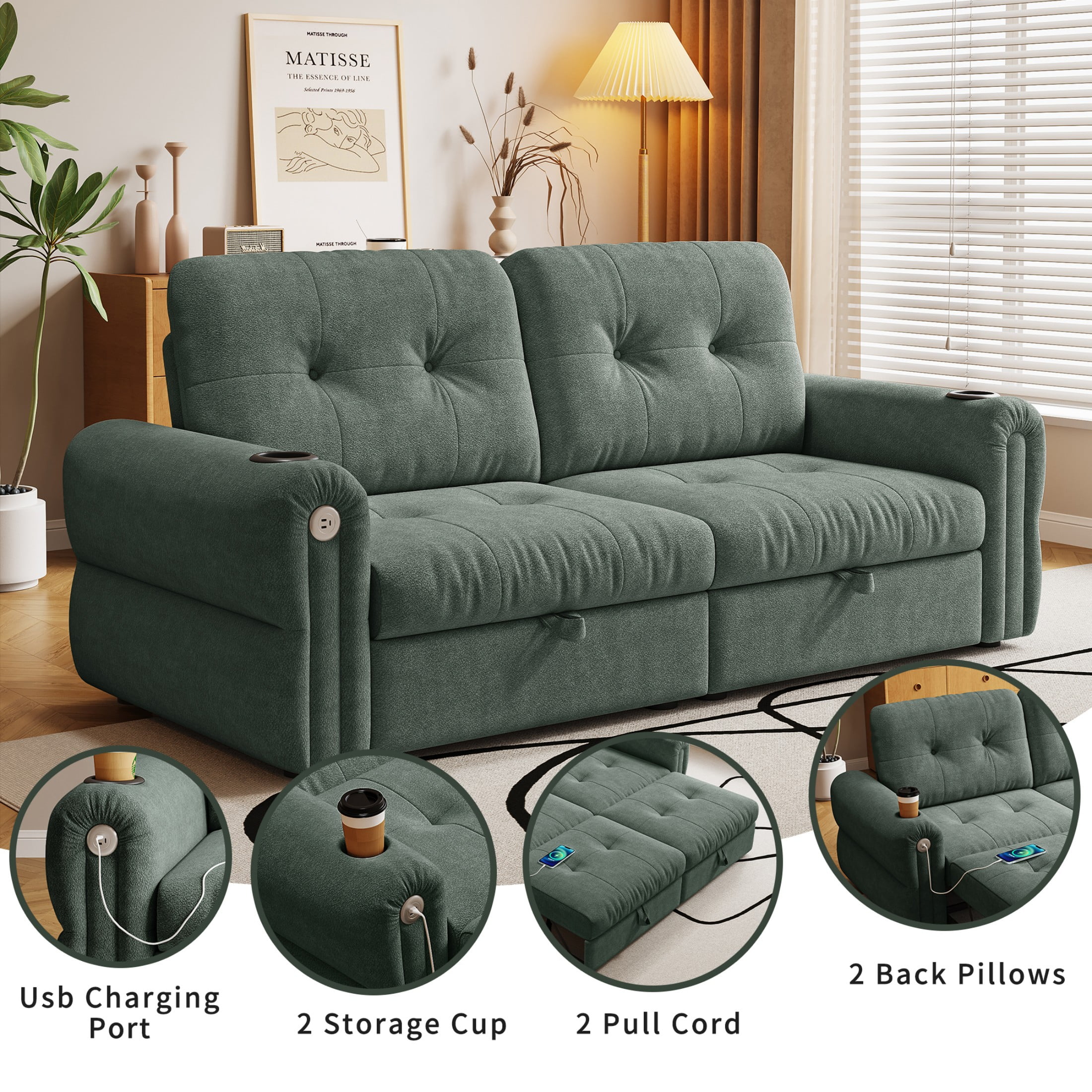 77" Queen Size Sofa Bed, Loveseat Sleeper Sofa with Pull Out Bed and USB, 2 Seater Convertible Small Couch for Living Room Bedroom Apartment (Green, Chenille)