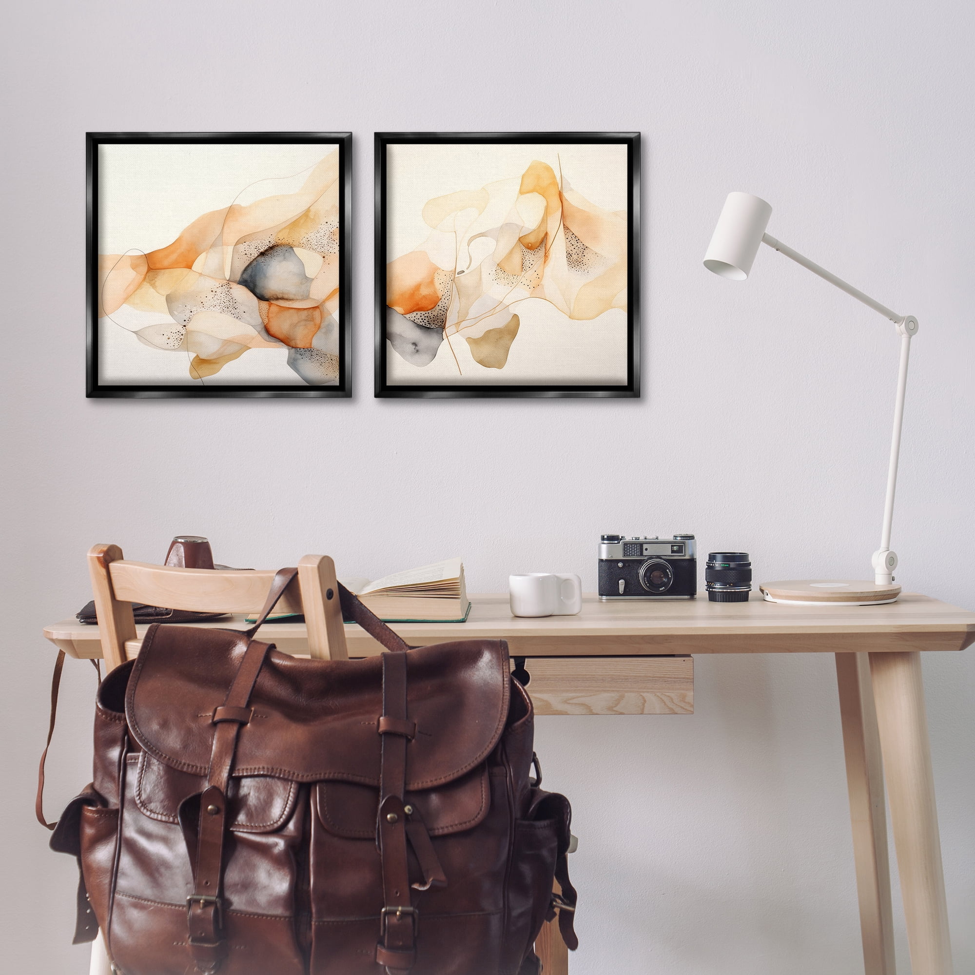 Stupell Industries Abstract Peach Watercolor Shapes Abstract Painting Black Floater Framed Canvas Art Print Wall Art, 18 x 18, Set of 2