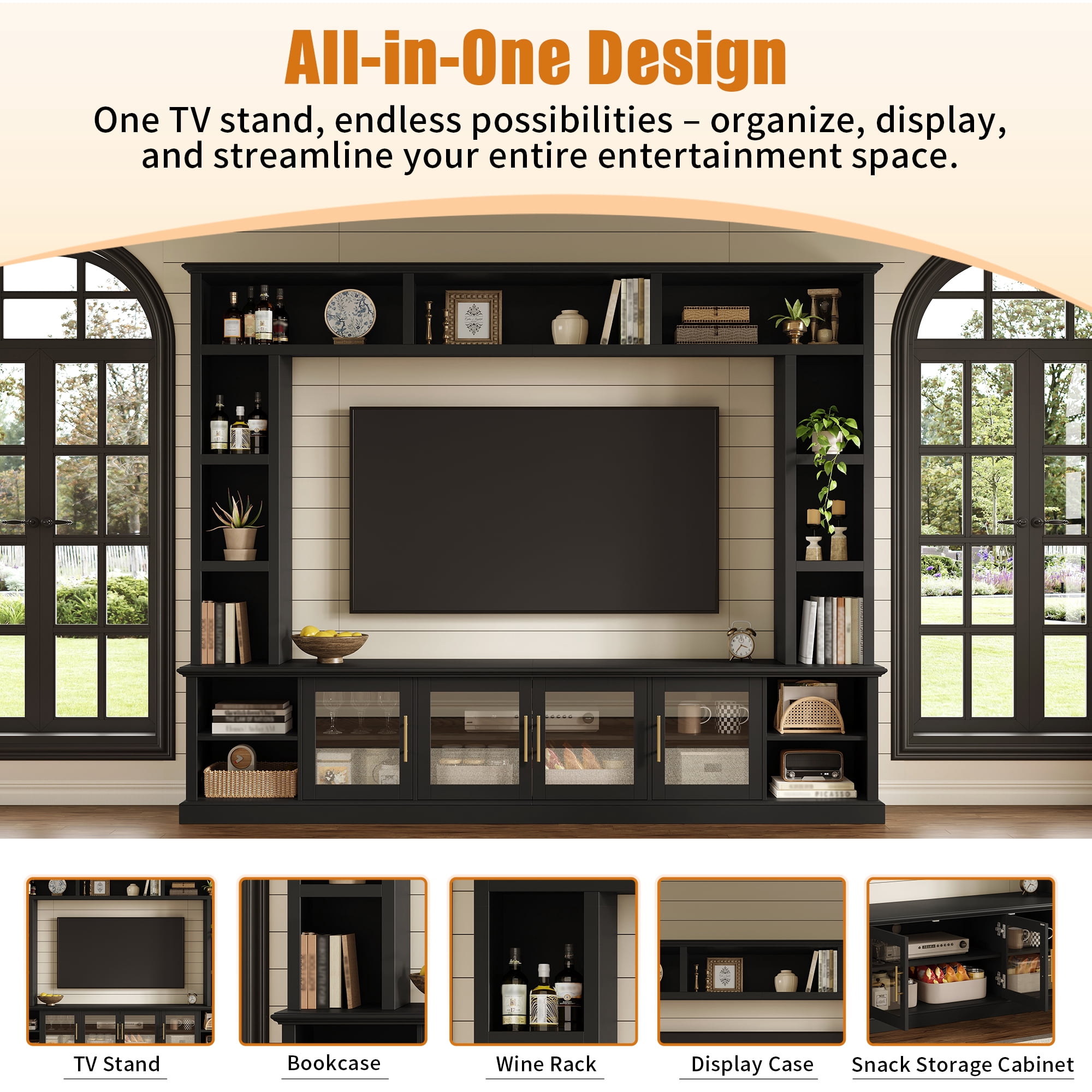 Euroco Entertainment Center Wall Unit for TVs up to 80", All-in-One Modern TV Stand with Bookshelves & Tempered Glass Doors, TV Console Unit with Shelving for Living Room, Entertainment