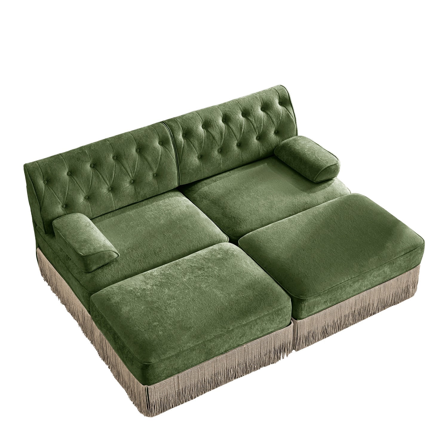 Hommoo 2-Seater Chesterfield Style Velvet Fabric Sofa Couch set with 2 Ottomans, Tufted Button Upholstered Design and Floor-grazing Tassel, Free Combination Sectional Sofa, for Home, Green