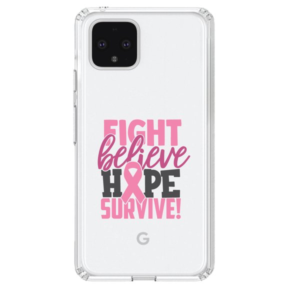 DistinctInk Clear Shockproof Hybrid Case for Google Pixel 4 XL (6.3" Screen) - TPU Bumper Acrylic Back Tempered Glass Screen Protector - Pink Ribbon Cancer - Fight Believe Hope Survive