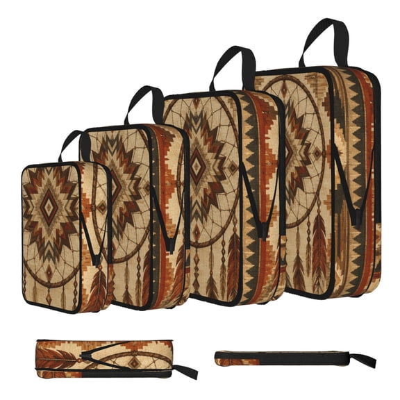 Sandstone Rust Symmetrical Tribal Geometric 4-Set Compression Packing Cubes, Expandable Travel Organizer Bags, Luggage Packing Organizers, S M L XL