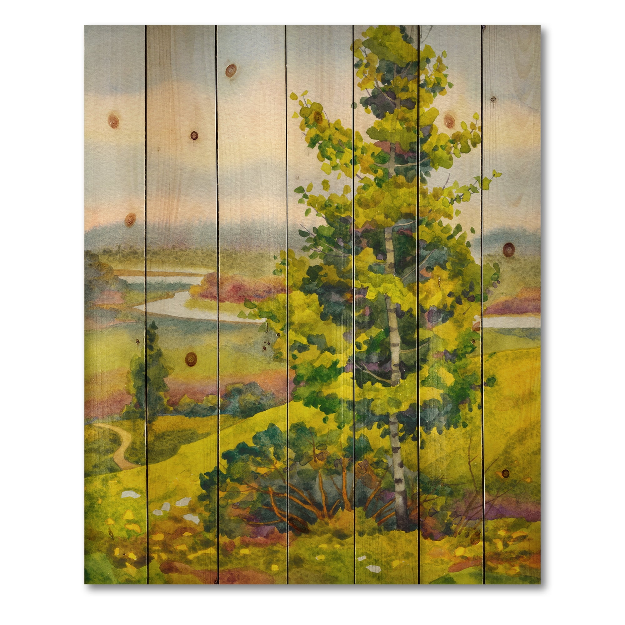 Designart 'Colorful Young Orange Betulas Along Bank Of Calm Bay' Lake House Print on Natural Pine Wood