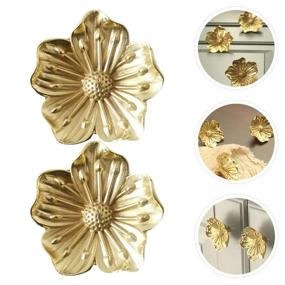2pcs Gold Flower Kitchen Cabinet Knobs Solid Brass Dresser Drawer Handles Pulls