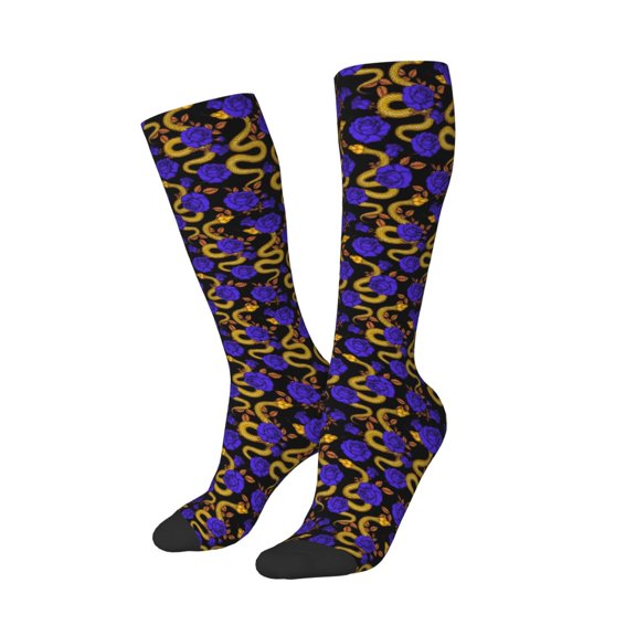 Picia Women Crew Soft Moisture-wicking Socks Golden Snake And Purple Rose Pattern Design Cotton Socks, One Size fit All