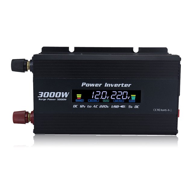 Inverter de automóvil de Wave Sine 3000W DC 12V a AC 220V Pantalla de pantalla Protección de cortocircuito incorporado Barco de ventilador convertidor de emergencia Negro Inevent TO008229-01